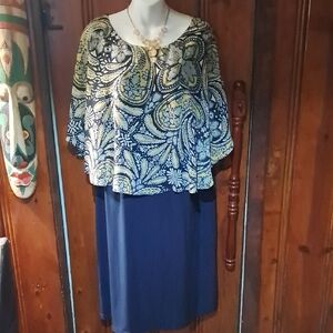 Connected Apparel Blue and Yellow Patterned Dress